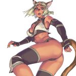  1girl animal_ear_fluff animal_ears ass avatar_(ff11) bangs bare_shoulders blonde_hair blue_eyes breasts cat_ears cat_girl cat_tail cleavage dark-skinned_female dark_skin elbow_gloves final_fantasy final_fantasy_xi fingerless_gloves gloves medium_breasts midriff mithra_(ff11) no_eyebrows open_mouth panties parted_bangs short_hair simple_background solo tail teeth underwear white_background yuccoshi 