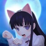  1girl animal_ears bangs black_hair brown_neckwear cat_ears collared_shirt hazuki_(tsukuyomi) long_hair long_sleeves moon night ompf open_mouth paw_pose purple_eyes shirt tsukuyomi_moonphase white_shirt 