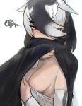  1girl animal_ears antelope_ears black_hair blackbuck_(kemono_friends) blush breasts cape collared_cape covered_mouth detached_sleeves extra_ears hair_over_one_eye high_collar highres kemono_friends looking_at_viewer medium_breasts medium_hair multicolored_hair nipples no_bra red_eyes shibori_kasu skindentation solo squiggle strapless two-tone_hair upper_body white_hair 