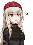  1girl ? ak-74m_(girls&#039;_frontline)_(rabochicken) beret blue_eyes blush cyrillic eyebrows_visible_through_hair girls&#039;_frontline hat highres jacket open_mouth short_hair solo tagme very_short_hair white_background white_hair yakob_labo 