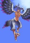  1girl animal_feet between_breasts bird_legs bird_tail blue_background breasts commentary_request feathered_wings feathers gradient gradient_wings green_eyes grey_feathers grey_neckwear grey_wings harpy head_wings kemono_friends large_breasts metal-max monster_girl monsterification multicolored multicolored_wings navel necktie necktie_between_breasts nude purple_feathers purple_wings shoebill_(kemono_friends) short_hair simple_background solo tail tail_feathers talons winged_arms wings 