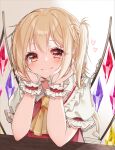  1girl artist_name ascot bangs blonde_hair blurry blush closed_mouth commentary_request crystal depth_of_field eyebrows_visible_through_hair flandre_scarlet glint hands_on_chin haruki_(colorful_macaron) heart highres looking_at_viewer no_hat no_headwear one_side_up pointy_ears puffy_short_sleeves puffy_sleeves red_eyes red_vest short_hair short_sleeves simple_background smile solo touhou upper_body vest white_background wings wrist_cuffs yellow_neckwear 