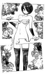  1girl border bright_pupils censored closed_mouth fingernails greyscale hair_over_one_eye lamb-oic029 looking_at_viewer monochrome navel novelty_censor nude one_eye_covered original short_hair solo standing thighhighs white_border white_pupils wristband 