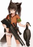  1girl animal animal_ears armband batta_(kanzume_quality) bird black_hair brown_eyes gun holding holding_animal holding_bird holding_weapon hood hoodie hunting long_hair looking_at_viewer original ponytail rifle short_shorts shorts simple_background sniper_rifle solo tail wading water weapon 