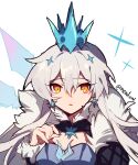  1girl :o bangs black_coat blue_dress breasts coat crown dress earrings hair_between_eyes hair_ornament highres honkai_(series) honkai_impact_3rd jewelry kiana_kaslana kiana_kaslana_(herrscher_of_the_void) long_hair looking_at_viewer meadow_(morphinecaca) open_mouth simple_background solo white_background white_hair wings yellow_eyes 