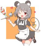  1girl ;d absurdres alternate_costume animal_ears apron bangs basket black_footwear border cup eyebrows_visible_through_hair food grey_hair heart highres holding holding_tray ice_cream leg_up looking_at_viewer mouse mouse_ears mouse_tail nazrin nihohohi one_eye_closed open_mouth orange_background red_eyes short_hair simple_background smile sweatdrop tail thighhighs touhou tray v-shaped_eyebrows waist_apron waitress white_apron white_border white_legwear wrist_cuffs 
