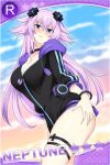  1girl adult_neptune blush bracelet breasts choker cleavage eyebrows_visible_through_hair hair_ornament hand_on_thigh hood hooded_jacket jacket jewelry large_breasts lindaroze long_hair looking_at_viewer neptune_(neptune_series) neptune_(series) partially_unzipped patreon_username plus_sign purple_eyes purple_hair shin_jigen_game_neptune_vii signature solo thigh_strap thighs twitter_username 