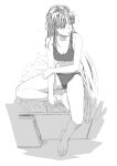 1girl absurdres aihara_akito barefoot bed_sheet breasts cleavage collarbone highres long_hair looking_away messy_hair monochrome natsuki_(new_normal) new_normal no_mask on_bed simple_background sitting sleepy underwear underwear_only 