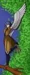  1girl absurdres animal_feet arm_up bangs bird_tail blue_hair eyebrows_visible_through_hair feathered_wings feathers grey_feathers grey_wings harpy highres monster_girl orange_eyes original pollertry solo standing standing_on_one_leg tail tail_feathers tree_branch twitter_username winged_arms wings 