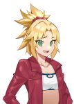  1girl :d bangs blonde_hair braid breasts collarbone commentary_request fang fate/grand_order fate_(series) green_eyes hair_ornament hair_scrunchie highres jacket long_hair long_sleeves looking_at_viewer mordred_(fate) mordred_(fate)_(all) ooo5303o open_clothes open_jacket open_mouth ponytail red_jacket red_scrunchie scrunchie simple_background small_breasts smile solo teeth upper_body white_background 