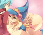  1boy 1girl aqua_hair ass blonde_hair blue_headwear breasts cleavage closed_eyes dark_magician_girl duel_academy_uniform_(yu-gi-oh!_gx) glasses green_eyes hair_between_eyes hat hetero jacket jyon104 large_breasts long_hair marufuji_shou paizuri red_jacket wavy_mouth wizard_hat yu-gi-oh! yu-gi-oh!_gx 