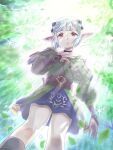  1girl ena_(monster_hunter) hair_ornament highres leaf monster_hunter_stories_2 pointy_ears red_eyes runachikku short_hair solo sunlight vest white_hair 