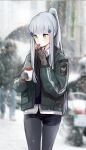  1girl absurdres agent_416_(girls&#039;_frontline) bangs blue_hair blue_pants brown_gloves eating eyebrows_visible_through_hair feet_out_of_frame food girls&#039;_frontline gloves green_eyes green_jacket highres hk416_(girls&#039;_frontline) holding holding_food jacket long_hair looking_down open_clothes open_jacket pants ponytail seorang shirt simple_background snowflake_background snowflakes solo standing tom_clancy&#039;s_the_division white_shirt 