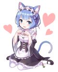  1girl :d animal_ears bangs bell black_dress black_footwear blue_eyes blue_hair blush breasts cat_ears cat_tail cleavage commentary_request detached_sleeves dress eyebrows_visible_through_hair flower_knot frills full_body hair_ornament hair_ribbon heart highres kemonomimi_mode looking_at_viewer maid maid_headdress mary_janes open_mouth paw_pose re:zero_kara_hajimeru_isekai_seikatsu rem_(re:zero) ribbon roswaal_mansion_maid_uniform s_(hdru2332) seiza shiny shiny_hair shoes short_hair simple_background sitting smile solo tail upper_teeth white_background white_legwear x_hair_ornament 