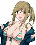  1girl :d bikini breasts brown_hair cleavage collarbone fang green_eyes hood hoodie horosuke inuyama_aoi jacket large_breasts long_hair looking_at_viewer open_clothes open_jacket open_mouth side_ponytail simple_background skin_fang smile solo swimsuit thick_eyebrows white_background yurucamp 