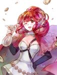  anna_(fire_emblem) belt breasts cape chest_strap choker cleavage dress fire_emblem fire_emblem_fates fire_emblem_heroes hand_on_hip highres hip_focus hood liefe long_hair money money_hold one_eye_closed ponytail red_eyes red_hair smile thief tight tight_dress 
