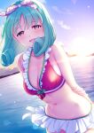  1girl absurdres aqua_hair arms_behind_back bikini blue_sky breasts brown_eyes cloud curly_hair food_print frilled_bikini frills hairband highres idolmaster idolmaster_million_live! looking_at_viewer medium_breasts mikapoe navel ocean open_mouth outdoors red_bikini sky solo strawberry_print sun sunset swimsuit tokugawa_matsuri 