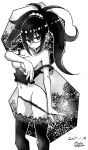  1girl closed_mouth covering covering_breasts dated fingernails glasses greyscale hand_up horizontal_pupils lamb-oic029 long_hair looking_at_viewer monochrome navel original ponytail semi-rimless_eyewear signature solo standing strap_slip thighhighs under-rim_eyewear 
