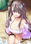  1girl absurdres alternate_costume azur_lane bikini black_hair blush breasts cleavage commentary_request fang highres jacket large_breasts leer.meer long_hair looking_at_viewer nail_polish one_side_up open_mouth pamiat_merkuria_(azur_lane) purple_eyes skin_fang smile solo swimsuit 
