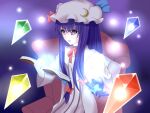  1girl card casting_spell chair commentary commentary_request couch crystal light_bulb partial_commentary patchouli_knowledge purple_background spell spell_card standing touhou yuu_(yuem) 