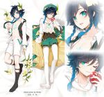  1boy 2021 apple billie_(meng_gong_fang) blue_eyes blue_hair braid chest_tattoo collarbone commentary_request dakimakura_(medium) dated eyebrows_visible_through_hair flower food frilled_shirt frills fruit full_body genshin_impact gradient_hair hair_between_eyes hair_flower hair_ornament hat holding holding_flower holding_food holding_fruit long_sleeves looking_at_viewer lying male_focus multicolored_hair multiple_views navel nipples on_back one_eye_closed open_clothes open_mouth open_shirt pantyhose shirt shorts smile tattoo teeth tongue twin_braids venti_(genshin_impact) vision_(genshin_impact) 