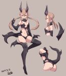  1girl ass black_bra black_eyes black_gloves black_pants bra breasts dated demon_girl demon_horns elbow_gloves gloves grey_background hand_up horns lamb-oic029 leg_wings looking_at_viewer low_twintails medium_breasts multiple_views navel original pants parted_lips pointy_ears signature simple_background smile tail twintails underwear 