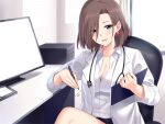  1girl blue_eyes blush breasts brown_hair chair cleavage collarbone desk doctor earrings hair_over_one_eye holding horosuke indoors jewelry labcoat monitor open_mouth original pen shirt short_hair sitting stethoscope 