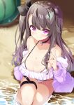  1girl absurdres alternate_costume azur_lane bikini black_hair blush breasts cleavage commentary_request highres jacket large_breasts leer.meer long_hair looking_at_viewer nail_polish one_side_up open_mouth pamiat_merkuria_(azur_lane) purple_eyes smile solo swimsuit 