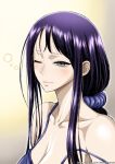 1girl blue_eyes blush breasts camisole cleavage closed_mouth collarbone commentary gradient gradient_background grey_background half-closed_eye lips long_hair nel-zel_formula nico_robin one_eye_closed one_piece ponytail portrait purple_hair scrunchie sidelocks simple_background sleepy solo spaghetti_strap straight_hair strap_slip watermark web_address white_background 