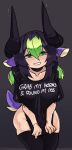  1girl absurdres animal_ears black_choker black_horns black_legwear black_shirt breasts choker clothes_writing english_commentary eyebrows_visible_through_hair fuck-me_shirt green_eyes green_hair grey_background highres horns large_breasts long_hair looking_at_viewer meme_attire multicolored_hair original profanity shirt solo t-shirt tail thick_thighs thighhighs thighs two-tone_hair zanamaoria 