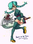  1girl annie_(skullgirls) eyepatch flat_chest green_hair highres jumping looking_back puppet skirt skirt_hold skullgirls star_(symbol) sword thighhighs twintails weapon wind wind_lift yellow_eyes 