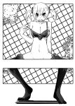  1girl bottomless bra breasts censored cleavage fingernails greyscale hair_ornament hair_scrunchie hand_up lamb-oic029 large_breasts looking_at_viewer monochrome navel original parted_lips scrunchie short_hair sitting smile solo spread_legs thighhighs twintails underwear 