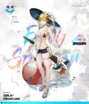  1girl bag ball beach bikini blonde_hair blue_eyes braid breasts camera_phone character_name cherry cherry_hair_ornament closed_mouth collarbone commentary commentary_request copyright_name english_commentary eyebrows_visible_through_hair floor food food-themed_hair_ornament french_braid fruit girls&#039;_frontline gun hair_ornament hat highres holding holding_weapon ice legs long_hair looking_at_viewer multicolored multicolored_bikini multicolored_clothes multicolored_swimsuit navel official_art ppd-40_(girls&#039;_frontline) red_star sandals shuaigegentou simple_background small_breasts smile solo standing star_(symbol) star_print submachine_gun summer sun_hat swimsuit viewfinder weapon white_headwear 