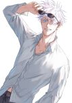  1boy arm_up bamthelapis bangs black_pants blue_eyes collarbone collared_shirt cowboy_shot eyewear_on_head gojou_satoru grin hair_between_eyes highres jujutsu_kaisen long_sleeves looking_at_viewer male_focus pants partially_unbuttoned shirt short_hair simple_background smile solo sunglasses white_background white_hair white_shirt 