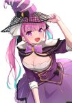  1girl :d absurdres blush breasts dress eyebrows_visible_through_hair hat highres hitsujisnow hololive leaning_forward minato_aqua open_mouth pink_neckwear purple_dress purple_eyes smile solo twintails virtual_youtuber white_background witch_hat 