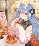  1girl animal_on_head artist_name azur_lane baguette bangs bare_shoulders bird blue_hair bread brick_wall bubble_tea cat cat_on_head chick day earbuds earphones earrings expressionless eyebrows_visible_through_hair eyes_visible_through_hair food hair_behind_ear hair_between_eyes hair_ornament helena_(azur_lane) highres jewelry long_hair looking_at_viewer manjuu_(azur_lane) nail_polish on_head open_mouth plant potted_plant pudding red_eyes sitting solo sweater table vayneeeee white_sweater window 