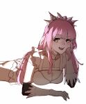 1girl absurdres ass breasts cleavage elbow_gloves fate/grand_order fate_(series) from_side gloves hand_on_own_cheek hand_on_own_face highres long_hair looking_at_viewer lying medb_(fate) medb_(fate)_(all) on_stomach pink_hair simple_background skirt solo tiara tr-317 white_background white_gloves white_skirt yellow_eyes 