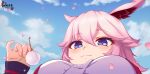  1girl :3 absurdres animal_ears bangs blue_sky closed_mouth cloud cloudy_sky fox_ears from_below hair_between_eyes highres holding honkai_(series) honkai_impact_3rd looking_at_viewer mao_de_hei_ying mimikaki outdoors petals pink_hair purple_eyes sky solo yae_sakura yae_sakura_(gyakushinn_miko) 