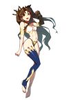  1girl absurdres bangs bikini black_hair black_legwear bracelet breasts detached_sleeves earrings fate/grand_order fate_(series) full_body gold_trim hair_ribbon highleg highleg_bikini highres hoop_earrings hyperbudd ishtar_(fate) ishtar_(fate)_(all) jewelry long_hair looking_at_viewer medium_breasts mismatched_bikini navel neck_ring open_mouth parted_bangs red_eyes ribbon single_detached_sleeve single_thighhigh smile solo sweat swimsuit thighhighs tiara two_side_up 