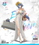  1girl bag bare_shoulders bikini blue_hair blue_nails breasts brown_bag camera_phone character_name cleavage closed_mouth collarbone commentary commentary_request copyright_name dinergate_(girls&#039;_frontline) dp-12_(girls&#039;_frontline) dress english_commentary eyebrows_visible_through_hair floor flower_hat girls&#039;_frontline grey_eyes hand_up hat highres holding holding_bag holding_case jewelry large_breasts legs long_hair looking_at_viewer multicolored_hair nail_polish necklace official_art pandea_work sandals simple_background smile solo standing summer sun_hat swimsuit toenails viewfinder weapon_case white_bikini white_dress white_headwear white_swimsuit 