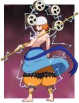  1girl afrobull bandana barefoot cosplay electricity enel enel_(cosplay) from_behind full_body highres holding jewelry looking_at_viewer looking_back mitsudomoe_(shape) nami_(one_piece) one_piece pants short_hair solo tomoe_(symbol) topless 