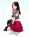  1girl absurdres arm_tattoo black_hair bracelet brown_eyes earrings full_body hand_up highres jacket jacket_removed jewelry long_hair original parted_lips red_skirt skirt smile solo squatting tattoo white_background white_footwear wonbin_lee 