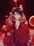  1boy bangs bleeding blood brown_eyes brown_hair buttons chinese_commentary closed_mouth commentary_request empty_eyes highres long_hair looking_at_viewer lord_of_the_mysteries mr_a mushroom red_background red_mushroom red_robe robe shaoyun771 solo 