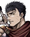  1boy angry armor bandages berserk brown_eyes cape clenched_teeth close-up guts_(berserk) holding holding_weapon horosuke looking_to_the_side male_focus scar short_hair simple_background spiked_hair sword teeth upper_body weapon white_background 