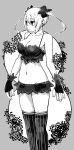  1girl bow breasts bright_pupils cleavage closed_mouth fingerless_gloves fingernails gloves greyscale hair_bow lamb-oic029 large_breasts legs_together miniskirt monochrome original skirt solo standing thighhighs twintails white_pupils 