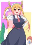  2girls absurdres arm_behind_back blonde_hair breasts collared_shirt colored_tips cup dragon_girl dragon_horns dragon_tail dress drinking eyebrows_visible_through_hair fang glasses gloves green_tail hand_in_hair highres holding holding_cup horns kobayashi-san_chi_no_maidragon kobayashi_(maidragon) large_breasts long_hair looking_at_another looking_at_viewer maid maid_headdress mug multiple_girls necktie open_mouth orange_eyes orange_hair pinafore_dress red_eyes red_hair red_neckwear shirt short_hair short_necktie solo_focus tail the_only_shoe tohru_(maidragon) twintails waist_bow white_gloves yellow_neckwear 