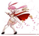  1girl absurdres animal_ears ass back bangs closed_mouth drawing_sword fox_ears full_body hair_between_eyes hair_ornament highres holding holding_sword holding_weapon honkai_(series) honkai_impact_3rd japanese_clothes katana kimono long_hair long_sleeves looking_at_viewer looking_back petals pink_hair ponytail purple_eyes sheath simple_background solo sword thanabis thighhighs weapon white_background white_kimono white_legwear yae_sakura yae_sakura_(gyakushinn_miko) 