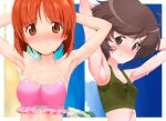  2girls akiyama_yukari armpits arms_behind_head arms_up blue_sky blush breasts brown_eyes brown_hair covered_nipples denkaisui girls_und_panzer green_swimsuit looking_at_viewer medium_breasts multiple_girls nervous nishizumi_miho ocean orange_eyes pink_swimsuit red_hair short_hair sky small_breasts sweat sweaty_clothes swimsuit water 