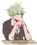  1boy amami_rantarou antenna_hair bangs brown_jacket collarbone danganronpa_(series) danganronpa_v3:_killing_harmony earrings green_eyes green_hair jacket jewelry long_sleeves looking_to_the_side male_focus messy_hair nabu_(d4ng4nn6bu12) necktie shirt short_hair simple_background sitting sleeves_past_elbows solo striped striped_neckwear table upper_body white_background 