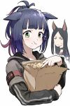  2girls :t absurdres animal_ears arknights bag black_hair black_jacket blue_hair blush cat_ears collar commentary cookie dobermann_(arknights) dog_ears drawdrawdeimos eating food food_on_face green_eyes highres holding holding_bag holding_cookie hood hood_down jacket jessica_(arknights) long_hair looking_at_viewer multicolored_hair multiple_girls paper_bag pink_hair ponytail simple_background streaked_hair studded_collar upper_body white_background 